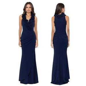 🌻NEW w.tag Xscape Women's Navy V-Neck Ruffle Sheath Gown Size 12